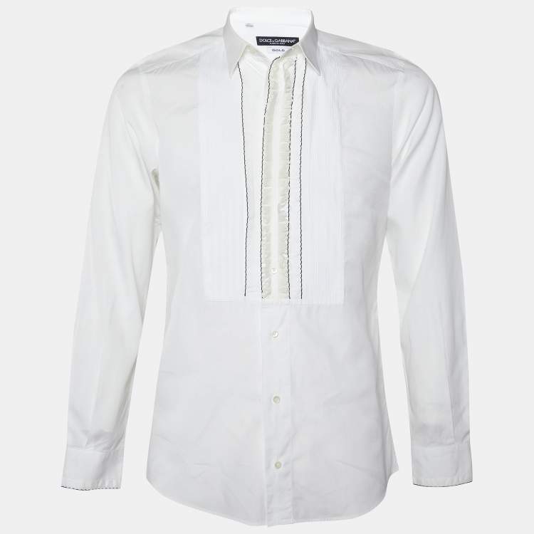 Pre Owned Dolce & Gabbana White Cotton Lace Ruffle Trim Tuxedo Shirt M