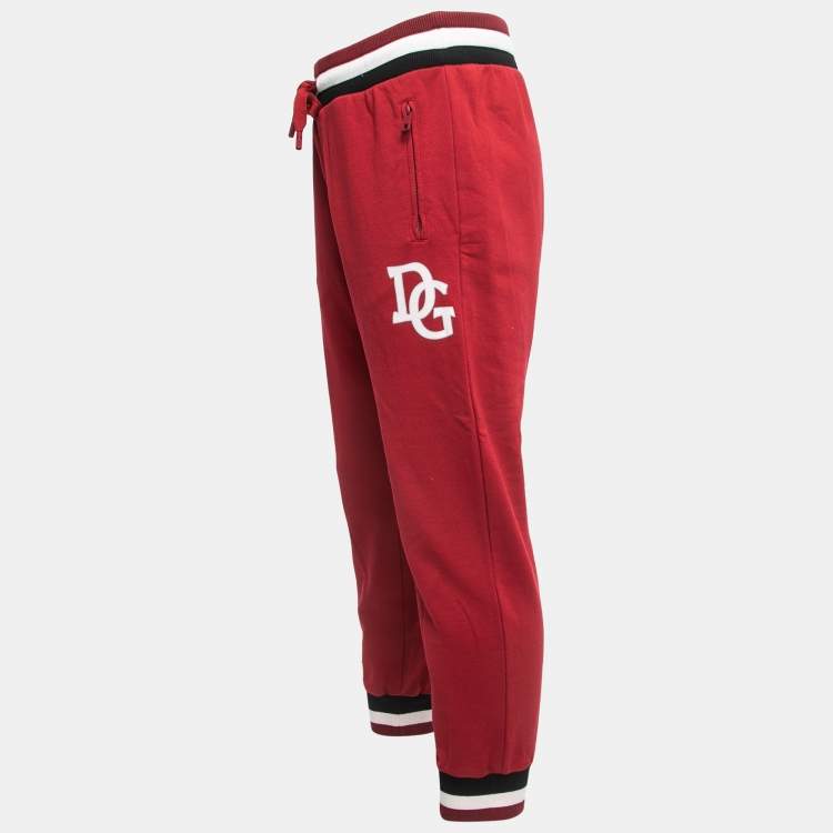 Pre Owned Dolce & Gabbana Red Logo Print Cotton Knit Joggers L