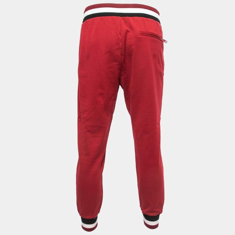 Pre Owned Dolce & Gabbana Red Logo Print Cotton Knit Joggers L