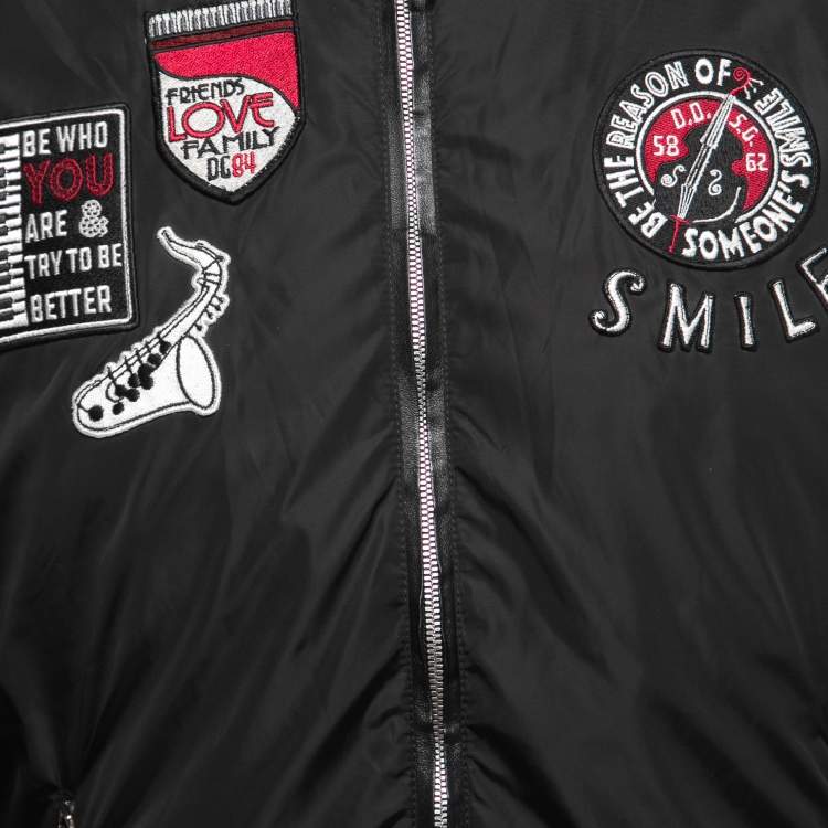 Pre Owned Dolce & Gabbana Black Nylon Patch Detail Zip Front Bomber Jacket XL