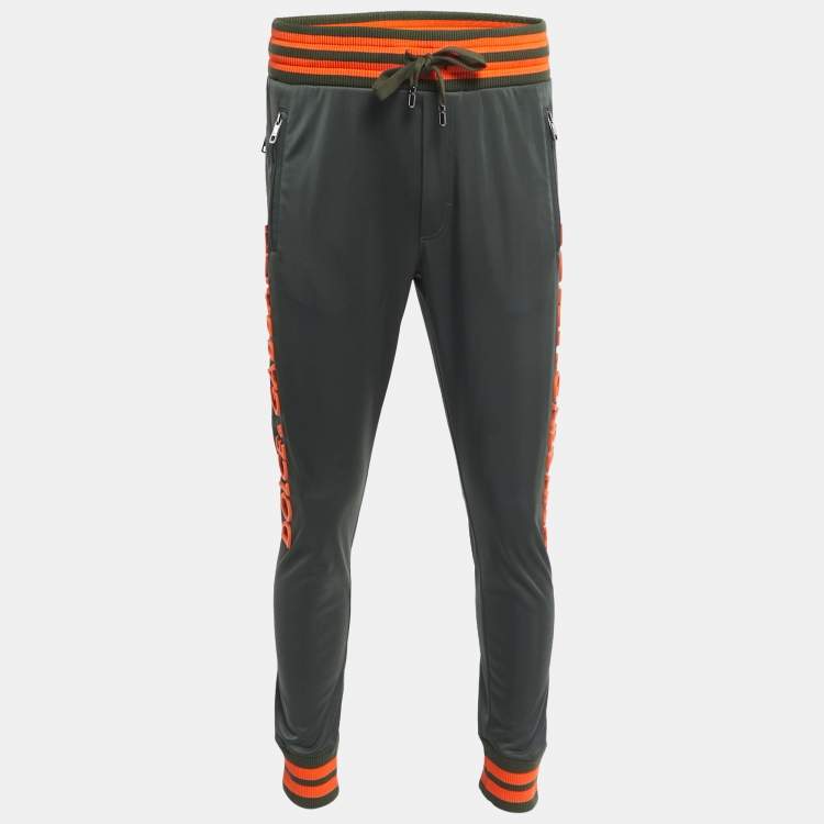 Pre Owned Dolce & Gabbana Dark Green Synthetic Contrast Logo Detail Sweatpants S