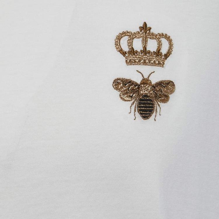 Pre Owned Dolce & Gabbana White Cotton Crown & Bee Embroidered Half Sleeve T-Shirt XXL