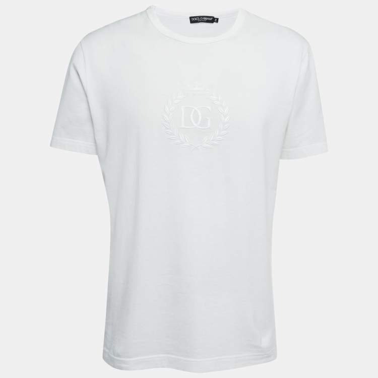 Dolce & Gabbana White Logo Embroidered Cotton Crew Neck Half