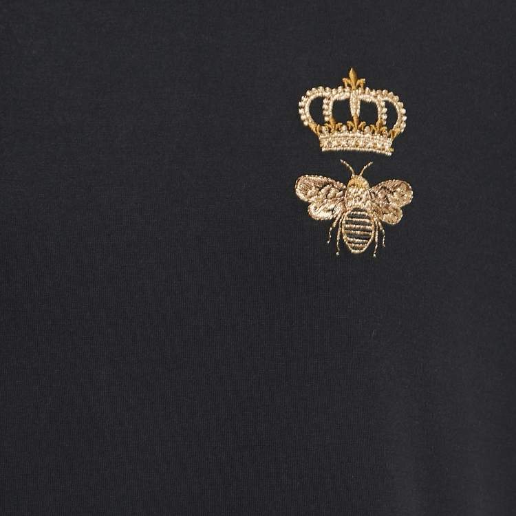 Pre Owned Dolce & Gabbana Black Cotton Crown & Bee Embroidered Half Sleeve T-Shirt XXL