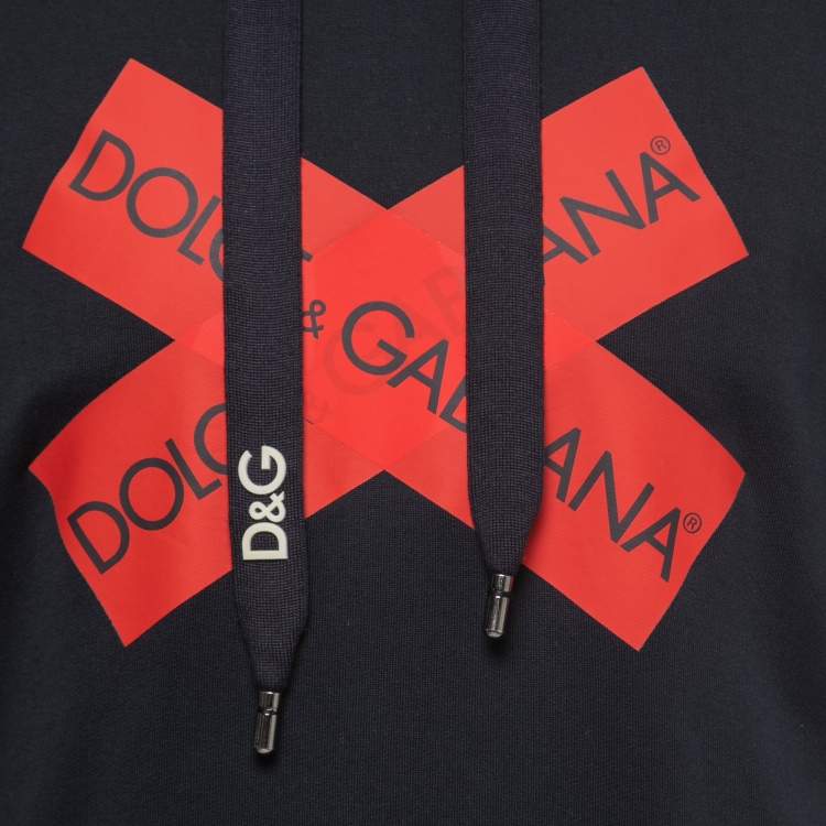 Pre Owned Dolce & Gabbana Black Logo Tape Print Cotton Hooded Sweatshirt L
