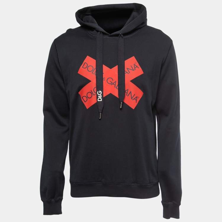 Pre Owned Dolce & Gabbana Black Logo Tape Print Cotton Hooded Sweatshirt L