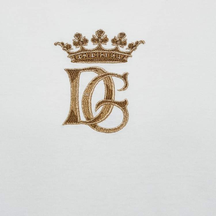 Pre Owned Dolce & Gabbana White Cotton DG Crown Embroidered Fitted T-Shirt XL