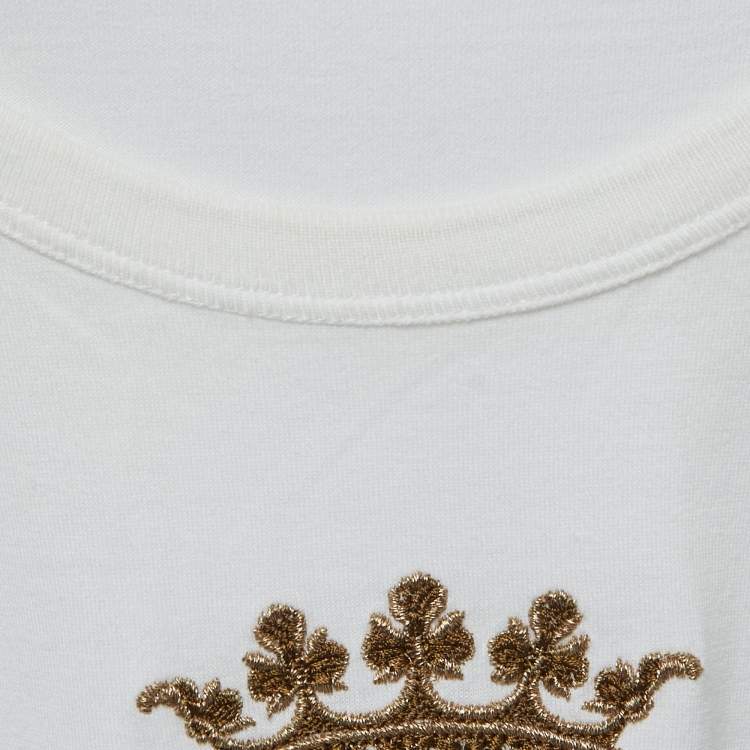 Pre Owned Dolce & Gabbana White Cotton DG Crown Embroidered Fitted T-Shirt XL