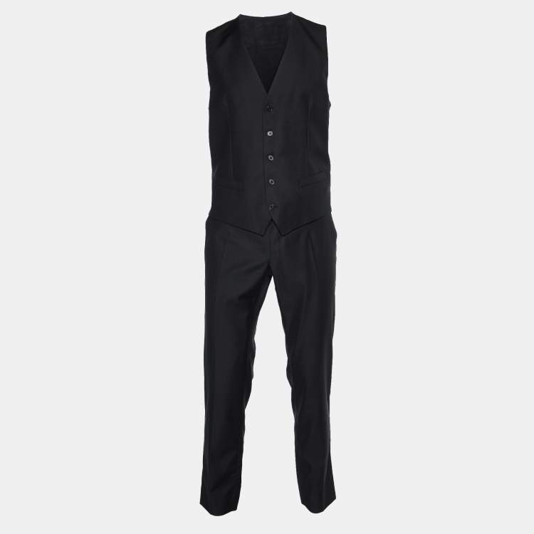 Pre Owned Dolce & Gabbana Black Jacquard Virgin Wool Gold 3 Piece Suit L
