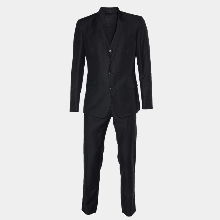 Pre Owned Dolce & Gabbana Black Jacquard Virgin Wool Gold 3 Piece Suit L