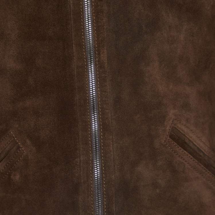 Pre Owned Dolce & Gabbana Brown Suede Knit Trim Zip Front Jacket L