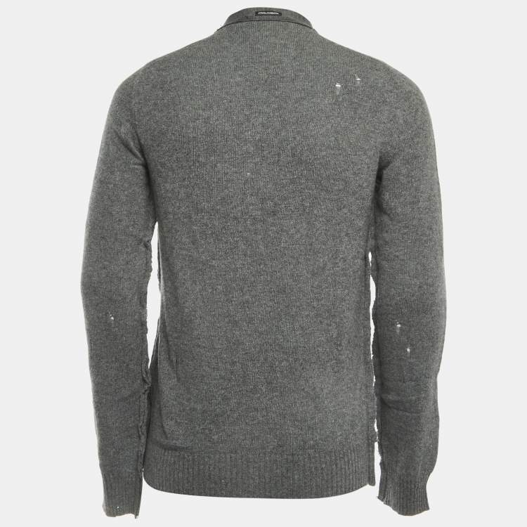 Pre Owned Dolce & Gabbana Grey Distressed Wool Buttoned Sweater L