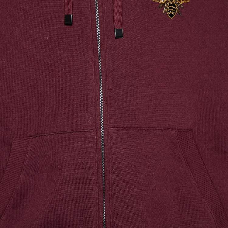 Pre Owned Dolce & Gabbana Burgundy Bee Crown Embroidered Cotton Knit Hooded Jacket L