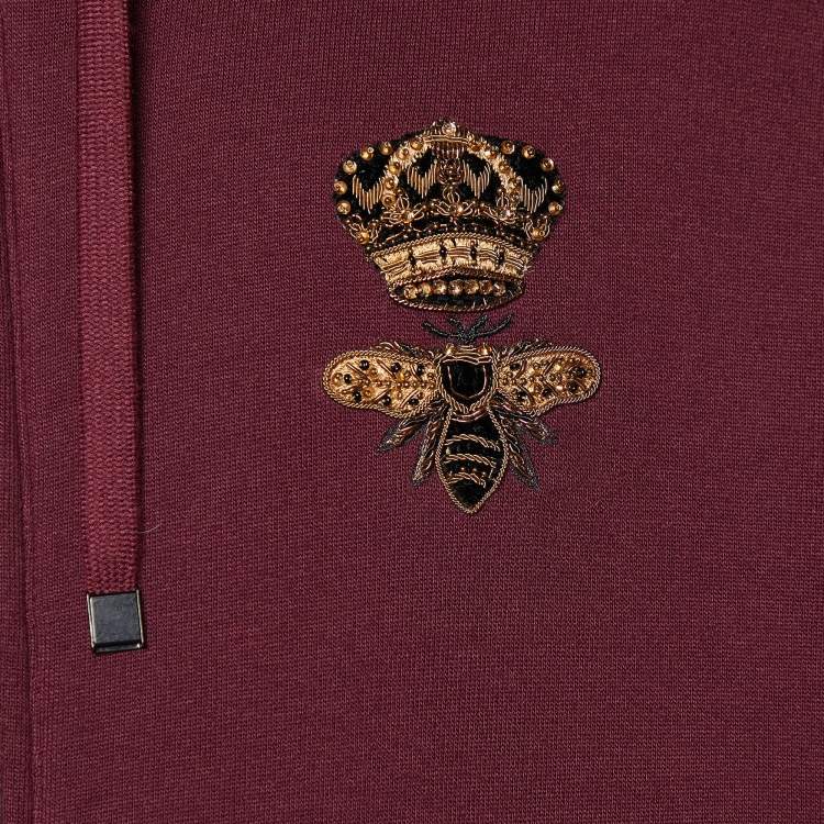 Pre Owned Dolce & Gabbana Burgundy Bee Crown Embroidered Cotton Knit Hooded Jacket L