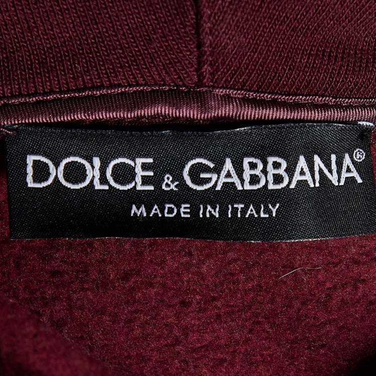Pre Owned Dolce & Gabbana Burgundy Bee Crown Embroidered Cotton Knit Hooded Jacket L