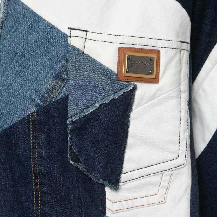 Pre Owned Dolce & Gabbana Blue Denim Patch Work Oversized Shirt S