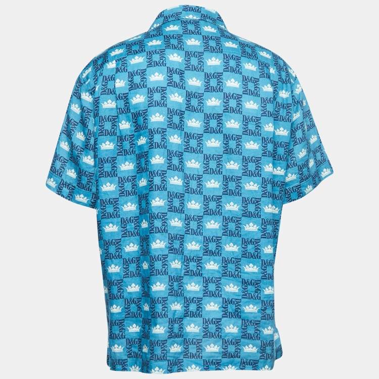 Pre Owned Dolce & Gabbana Blue Crown Emblem Printed Linen Short Sleeve Shirt XL
