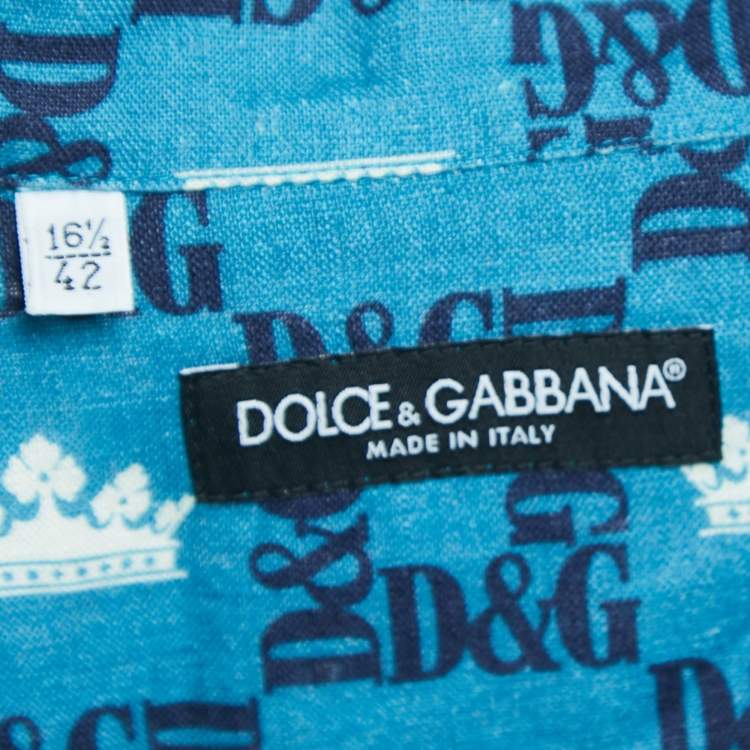Pre Owned Dolce & Gabbana Blue Crown Emblem Printed Linen Short Sleeve Shirt XL