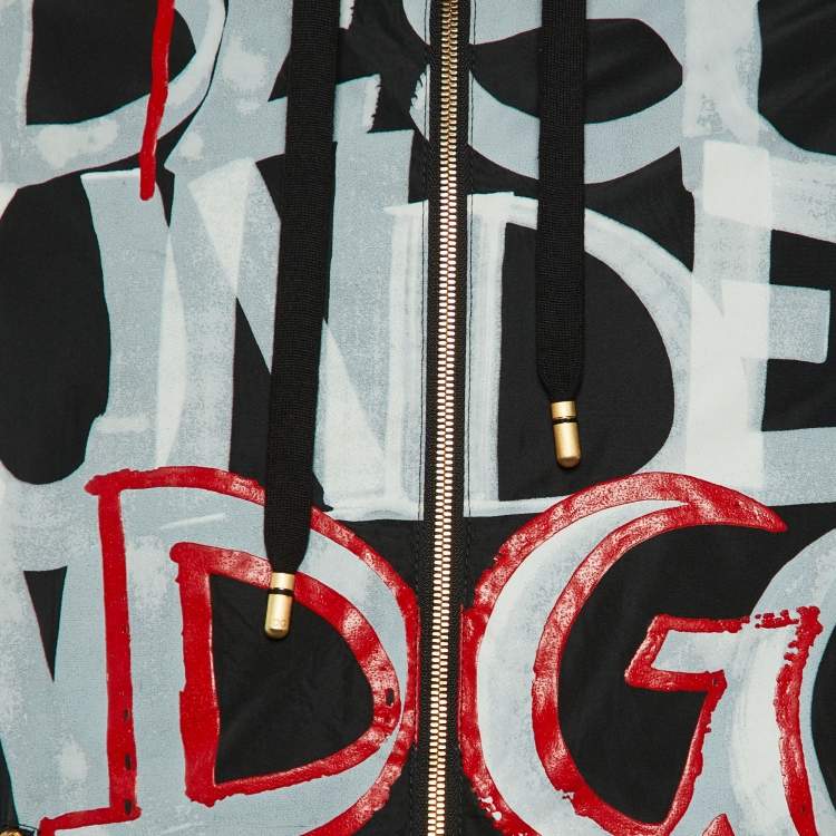 Pre Owned Dolce & Gabbana Black Print Synthetic Zip Front Hooded Jacket M