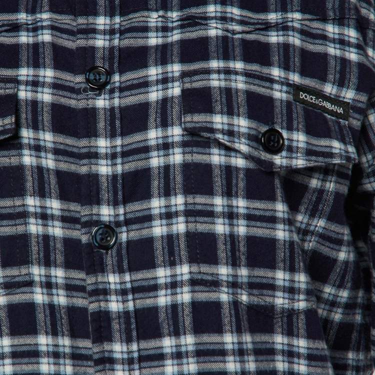 Pre Owned Dolce & Gabbana Navy Blue Checkered Cotton Button Front Shirt L