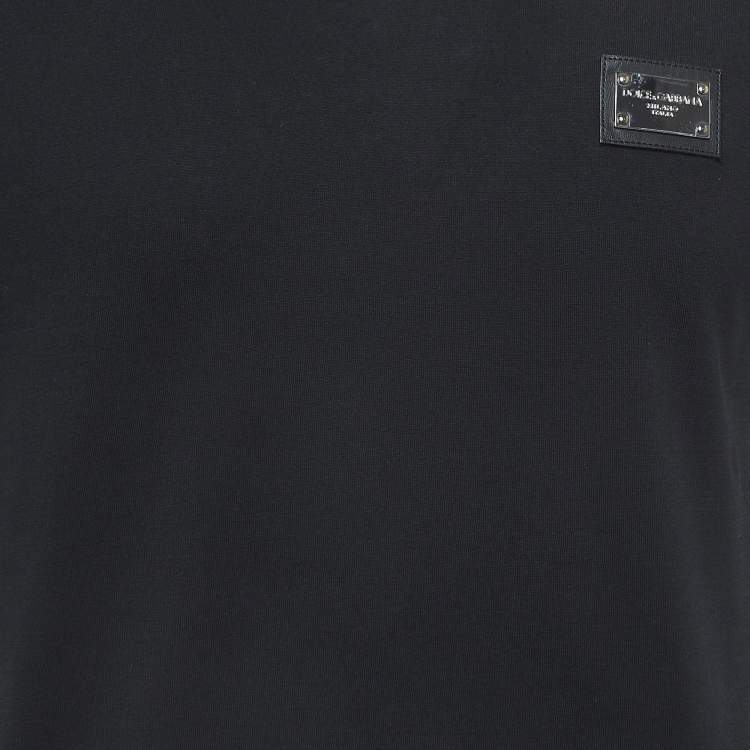 Pre Owned Dolce & Gabbana Black Cotton Logo Plaque V-Neck T-Shirt M