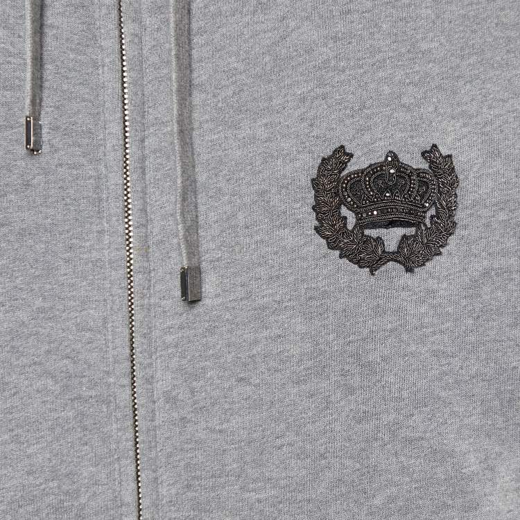 Pre Owned Dolce & Gabbana Grey Cotton Crown Embellished Zip Up Hoodie S