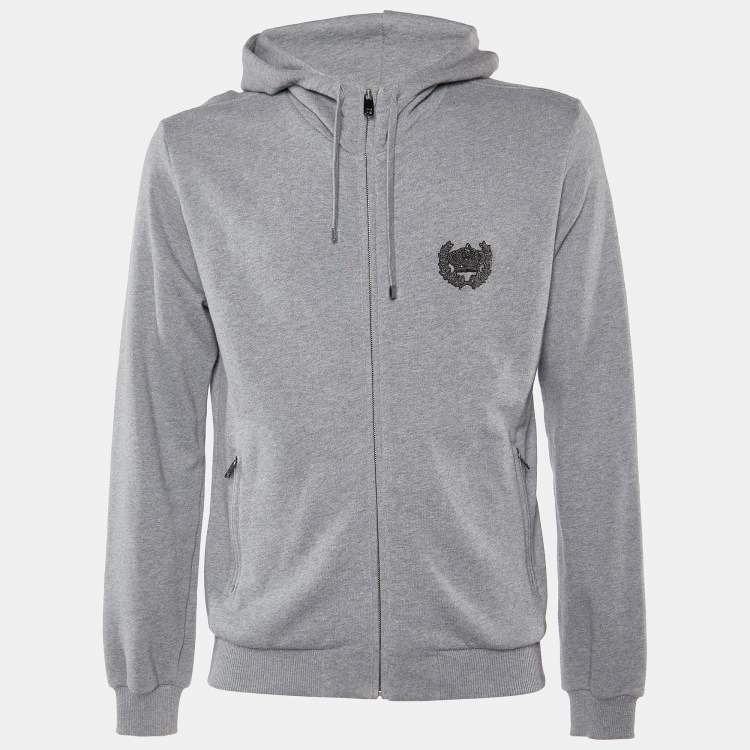 Pre Owned Dolce & Gabbana Grey Cotton Crown Embellished Zip Up Hoodie S