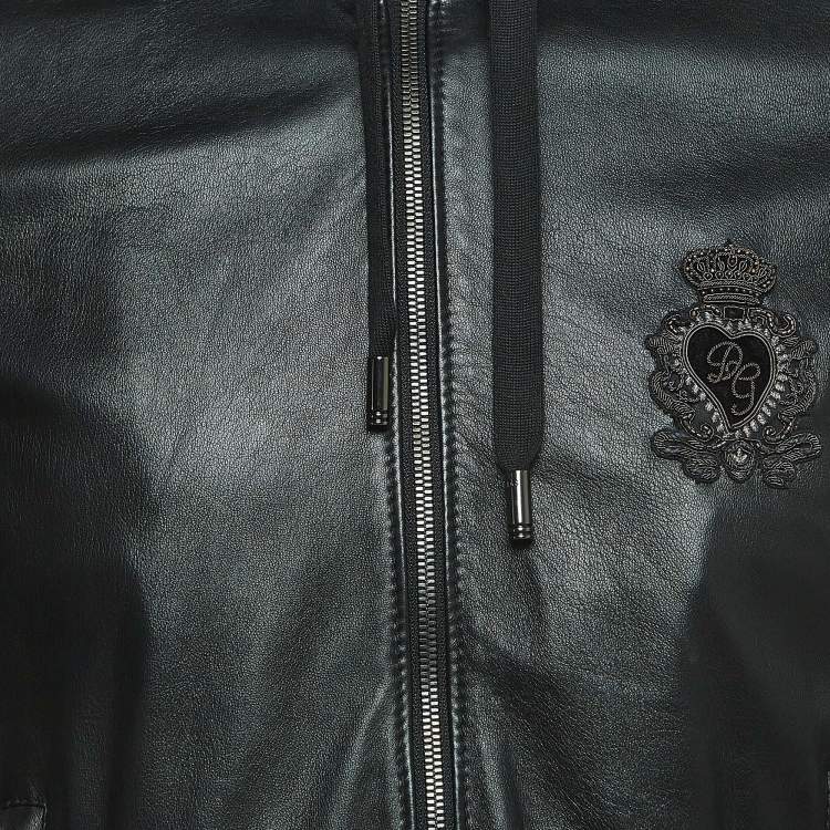 Pre Owned Dolce & Gabbana Black Logo Embroidered Leather Hoodie XL