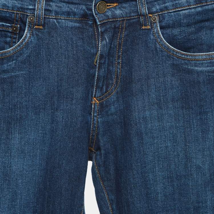Pre Owned Dolce & Gabbana Blue Leather Logo Trim Denim Classic Jeans S Waist 30''