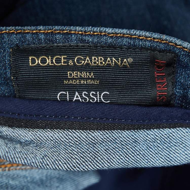 Pre Owned Dolce & Gabbana Blue Leather Logo Trim Denim Classic Jeans S Waist 30''