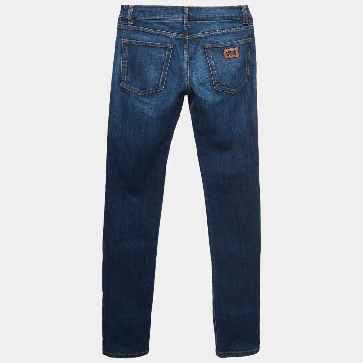 Pre Owned Dolce & Gabbana Blue Leather Logo Trim Denim Classic Jeans S Waist 30''