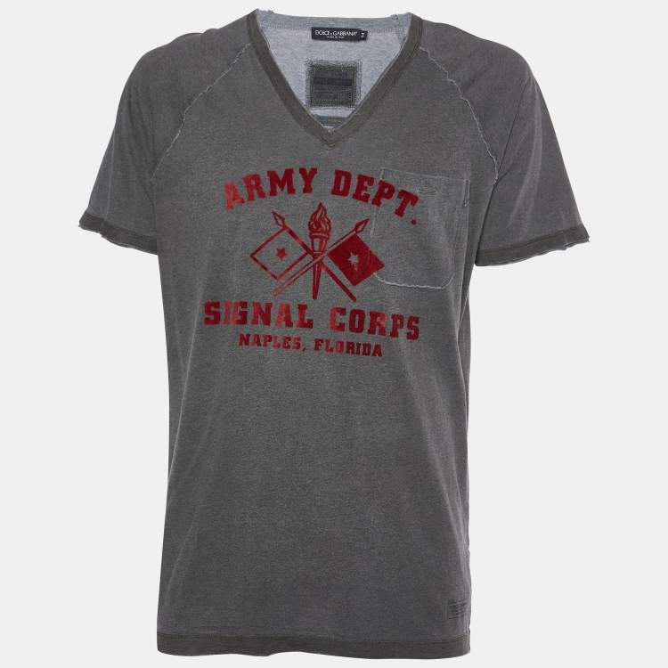 Pre Owned Dolce & Gabbana Grey Printed Cotton Distressed T-Shirt XXL