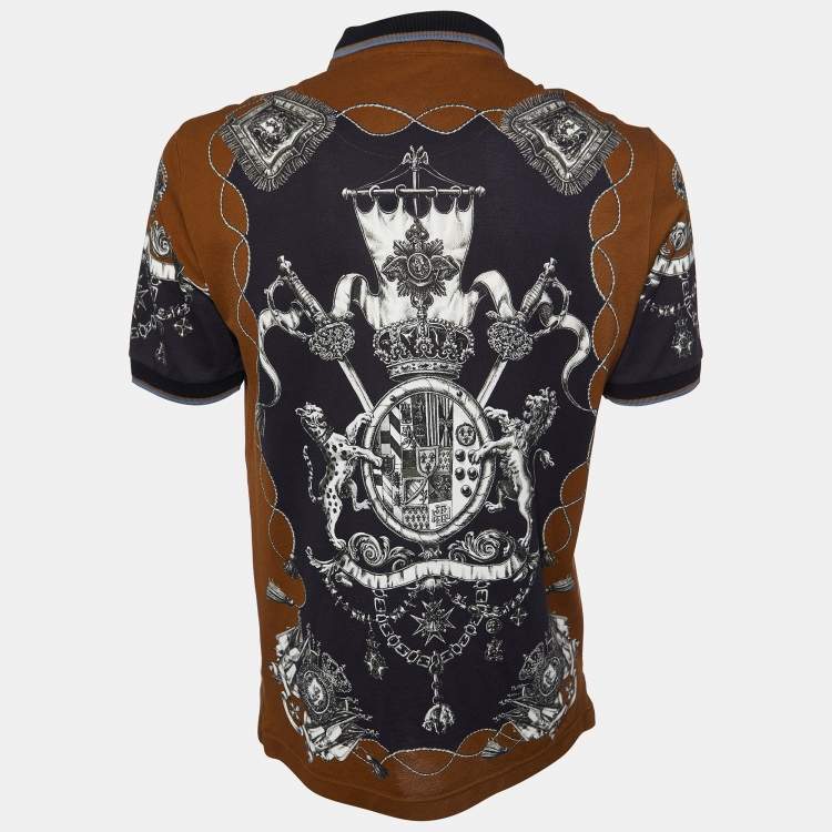 Pre Owned Dolce & Gabbana Brown Crown Print Cotton Pique Polo T-Shirt L