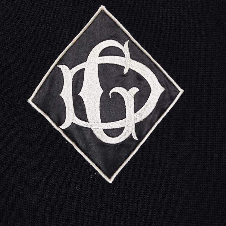 Pre Owned Dolce & Gabbana Black Wool DG Appliqued V-Neck Sweater L