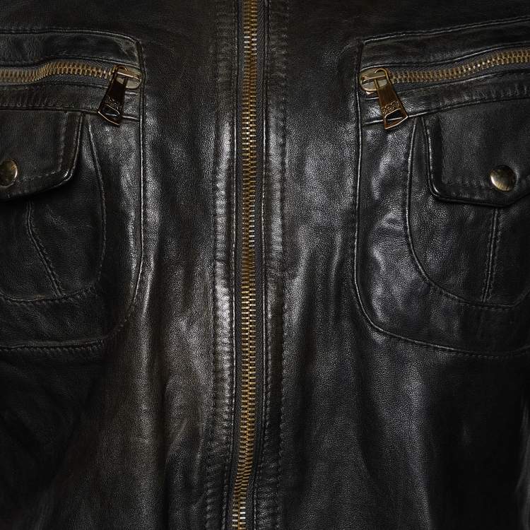 Pre Owned Dolce & Gabbana Black Leather Zip Front Jacket L