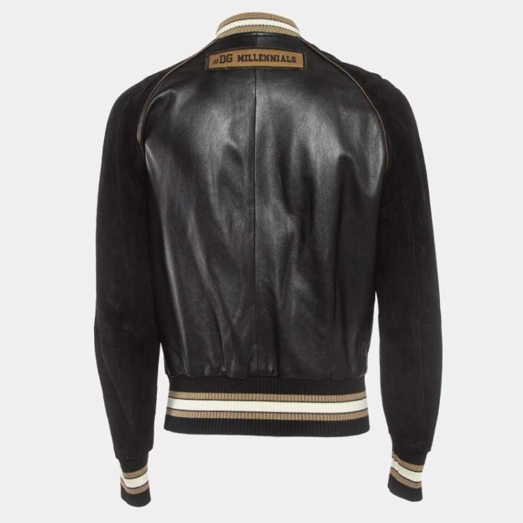 Pre Owned Dolce & Gabbana Black Leather and Suede Varsity Bomber Jacket L