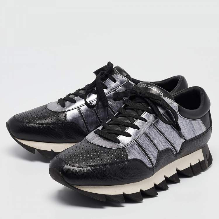 Pre Owned Dolce & Gabbana Black/Silver Perforated Leather And Suede Sorrento Lace Up Sneakers Size 43
