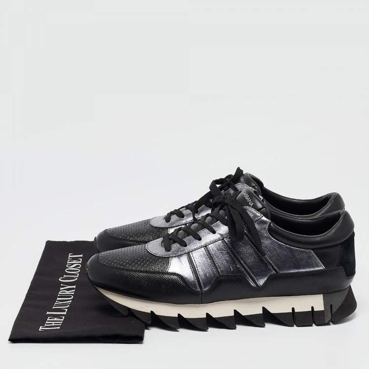 Pre Owned Dolce & Gabbana Black/Silver Perforated Leather And Suede Sorrento Lace Up Sneakers Size 43