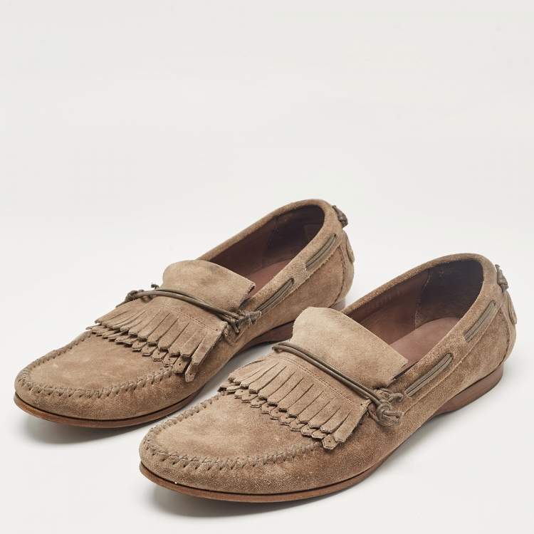 Pre Owned Dolce & Gabbana Brown Suede Fringe Slip On Loafers Size 45