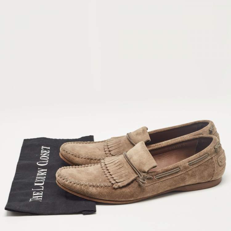 Pre Owned Dolce & Gabbana Brown Suede Fringe Slip On Loafers Size 45