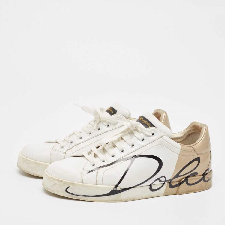 Pre Owned Dolce & Gabbana White/Gold Leather Portofino Lace Up Sneakers Size 42