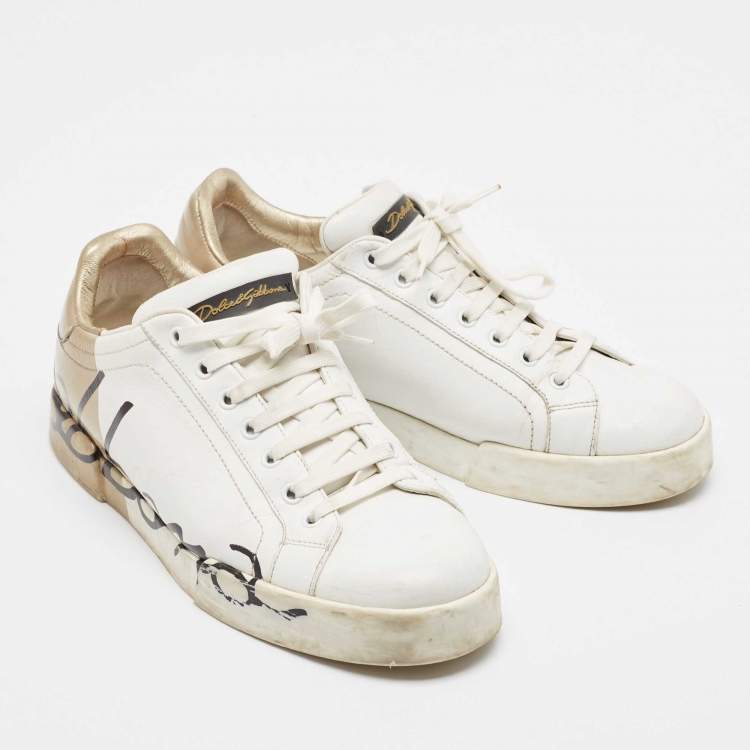 Pre Owned Dolce & Gabbana White/Gold Leather Portofino Lace Up Sneakers Size 42