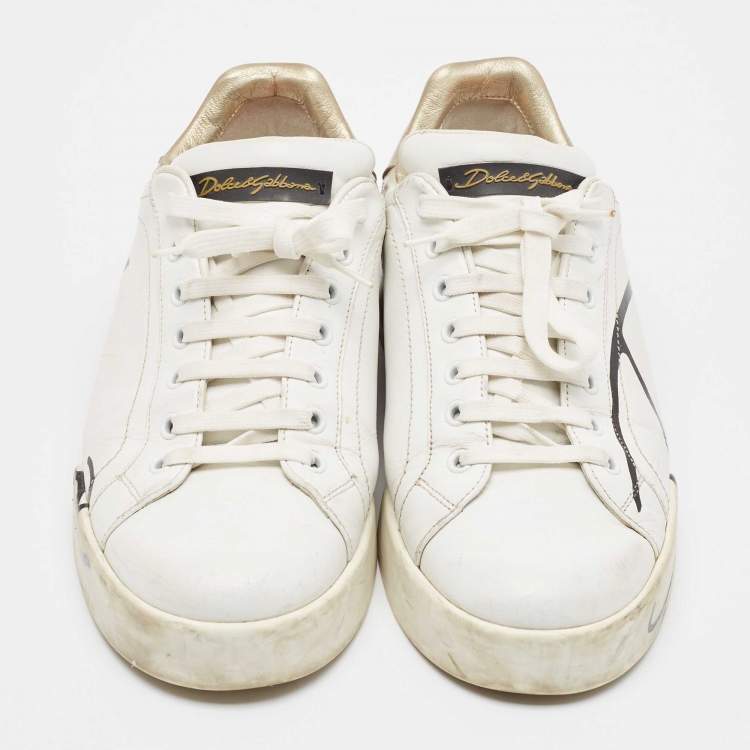 Pre Owned Dolce & Gabbana White/Gold Leather Portofino Lace Up Sneakers Size 42