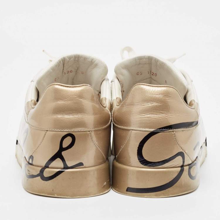 Pre Owned Dolce & Gabbana White/Gold Leather Portofino Lace Up Sneakers Size 42