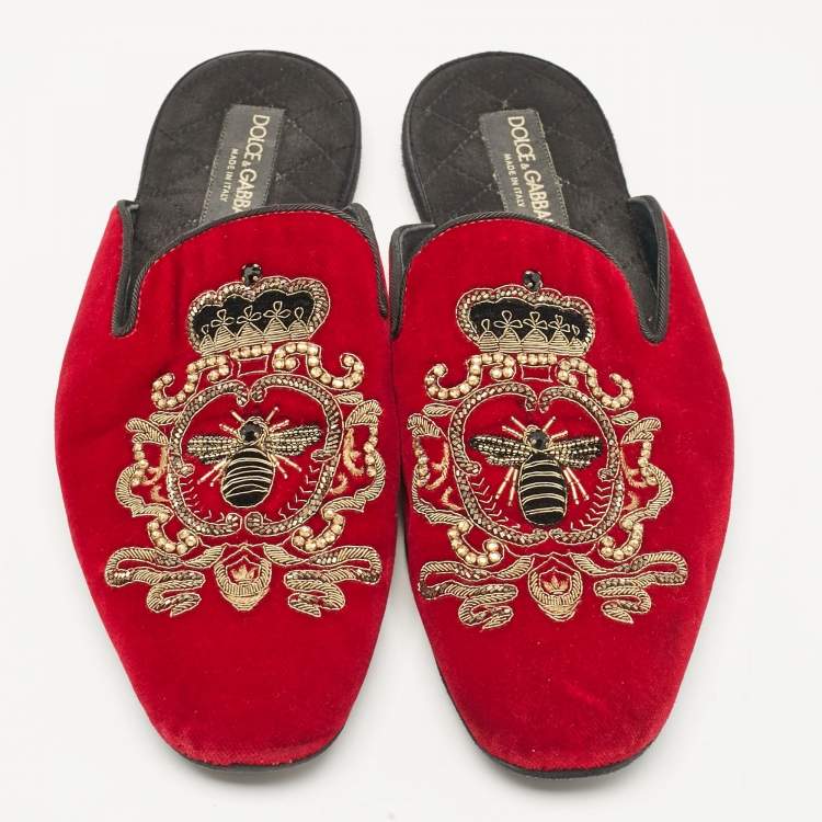 Pre Owned Dolce & Gabbana Red Velvet Embroidered Mules Size 41