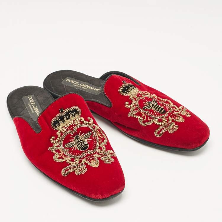Pre Owned Dolce & Gabbana Red Velvet Embroidered Mules Size 41
