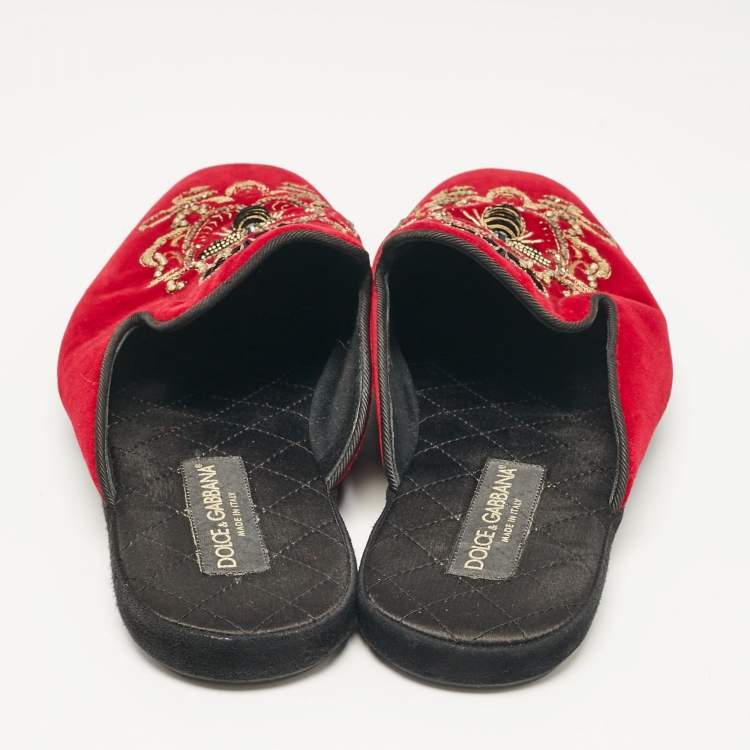 Pre Owned Dolce & Gabbana Red Velvet Embroidered Mules Size 41
