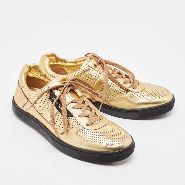 Pre Owned Dolce & Gabbana Gold Perforated Leather Low Top Sneakers Size 44