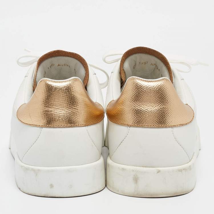 Pre Owned Dolce & Gabbana White/Gold Leather Portofino Sneakers Size 42.5