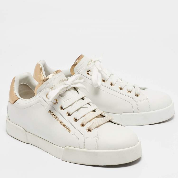 Pre Owned Dolce & Gabbana White/Gold Leather Portofino Sneakers Size 42.5